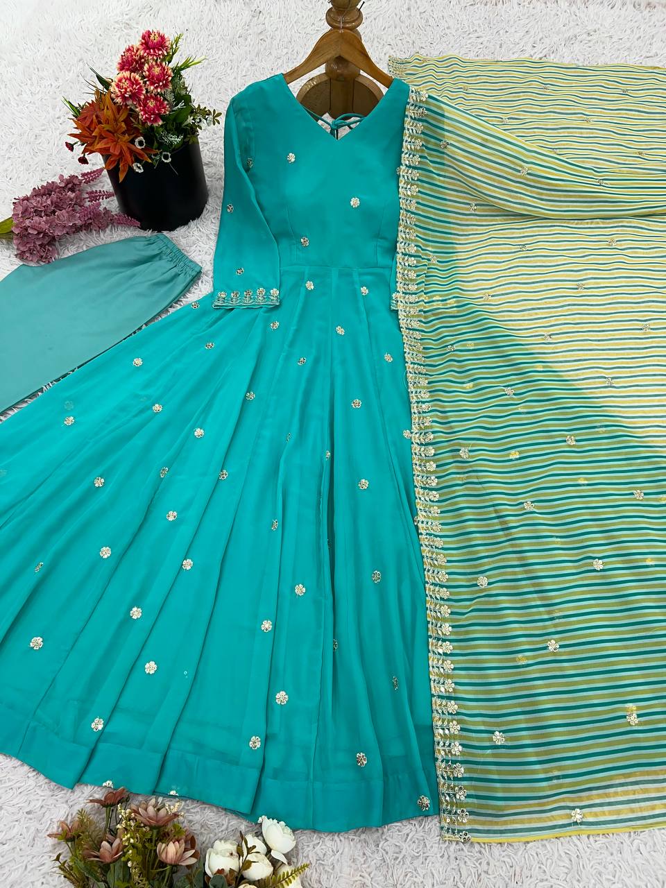 Aqua Blue Designer Faux Georgette Gown and Dupatta For Party Wear