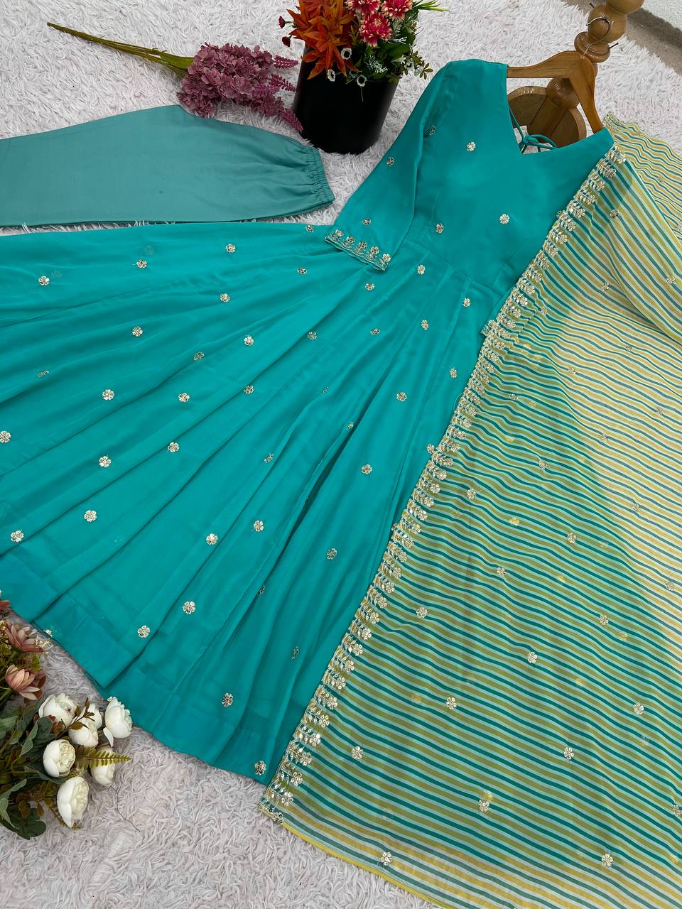 Aqua Blue Designer Faux Georgette Gown and Dupatta For Party Wear