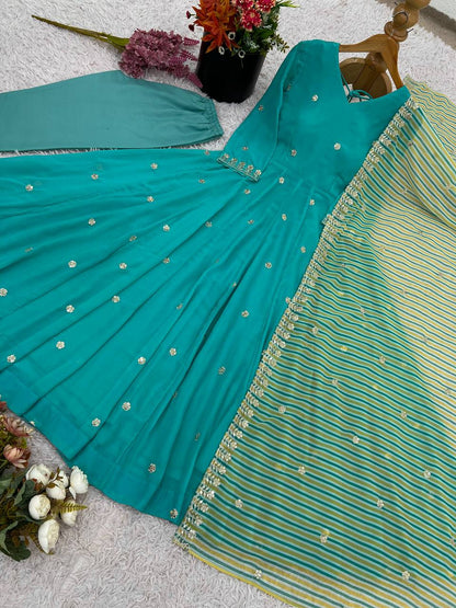 Aqua Blue Designer Faux Georgette Gown and Dupatta For Party Wear
