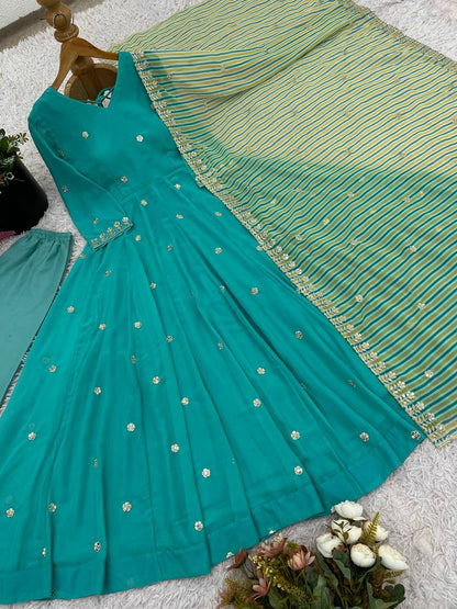 Aqua Blue Designer Faux Georgette Gown and Dupatta For Party Wear