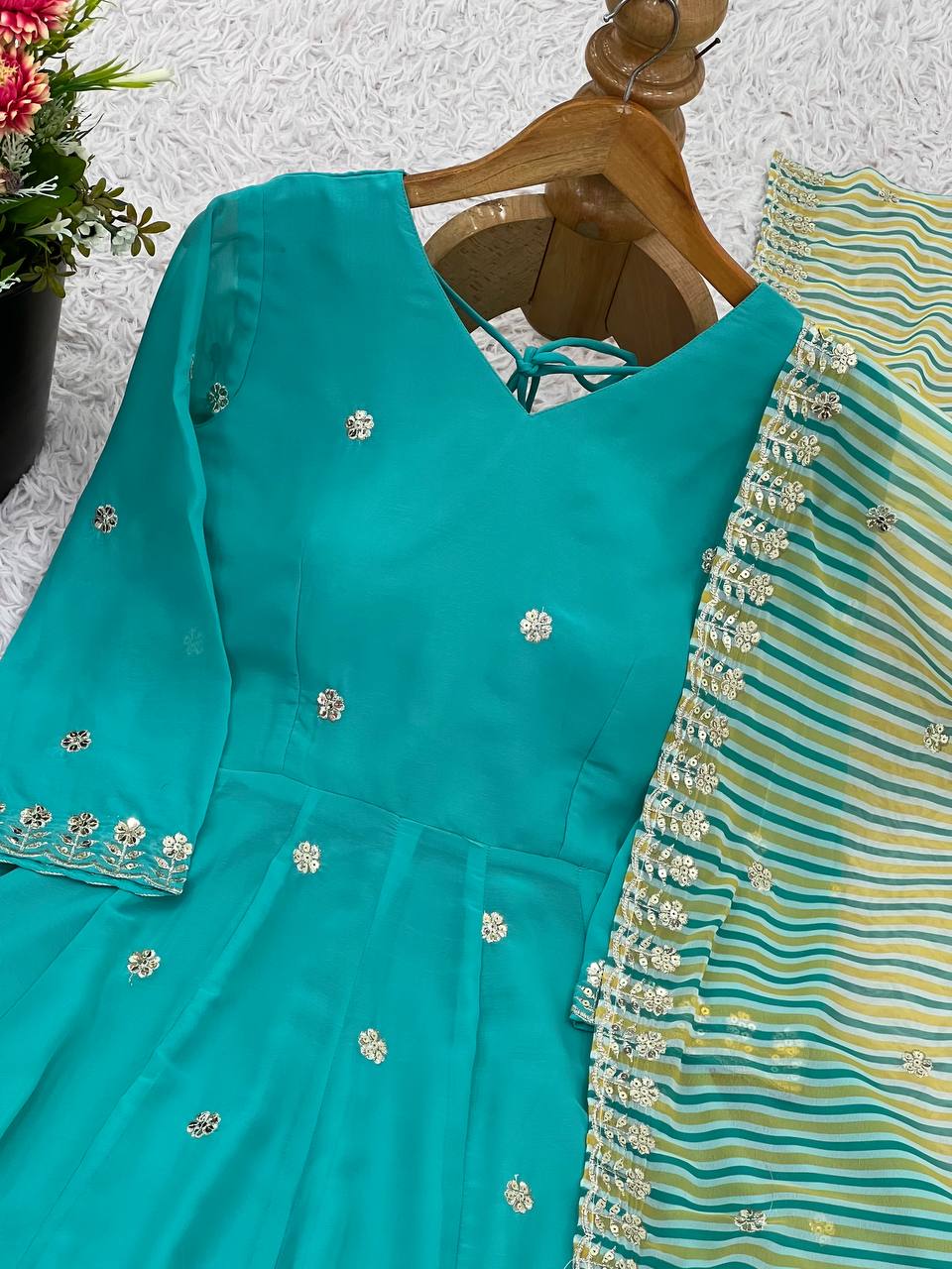 Aqua Blue Designer Faux Georgette Gown and Dupatta For Party Wear