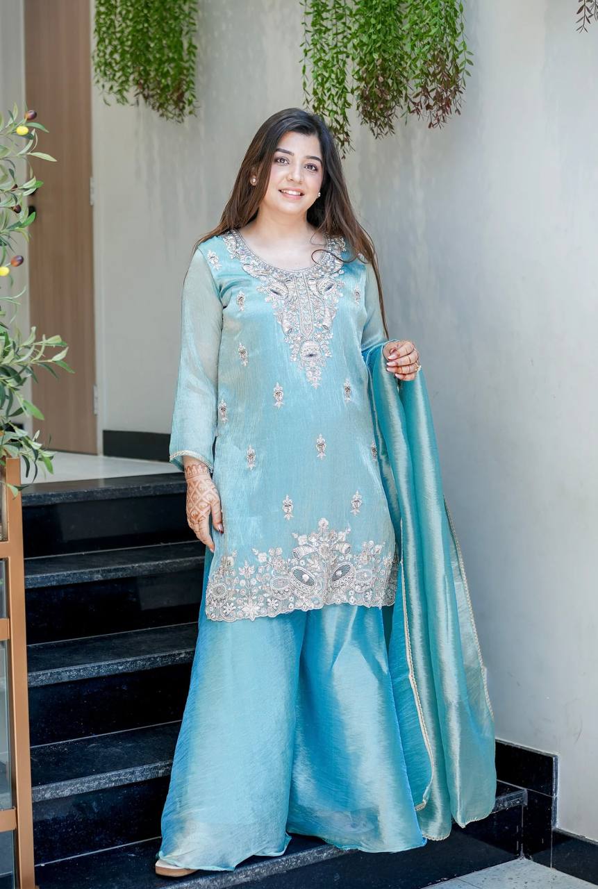 Aqua Blue Designer Pure Silky Silk Top Bottom and Dupatta For Party Wear