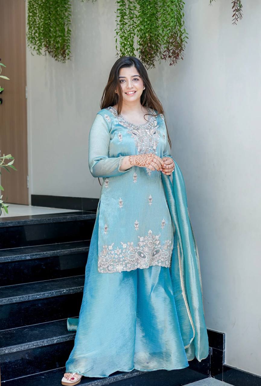 Aqua Blue Designer Pure Silky Silk Top Bottom and Dupatta For Party Wear