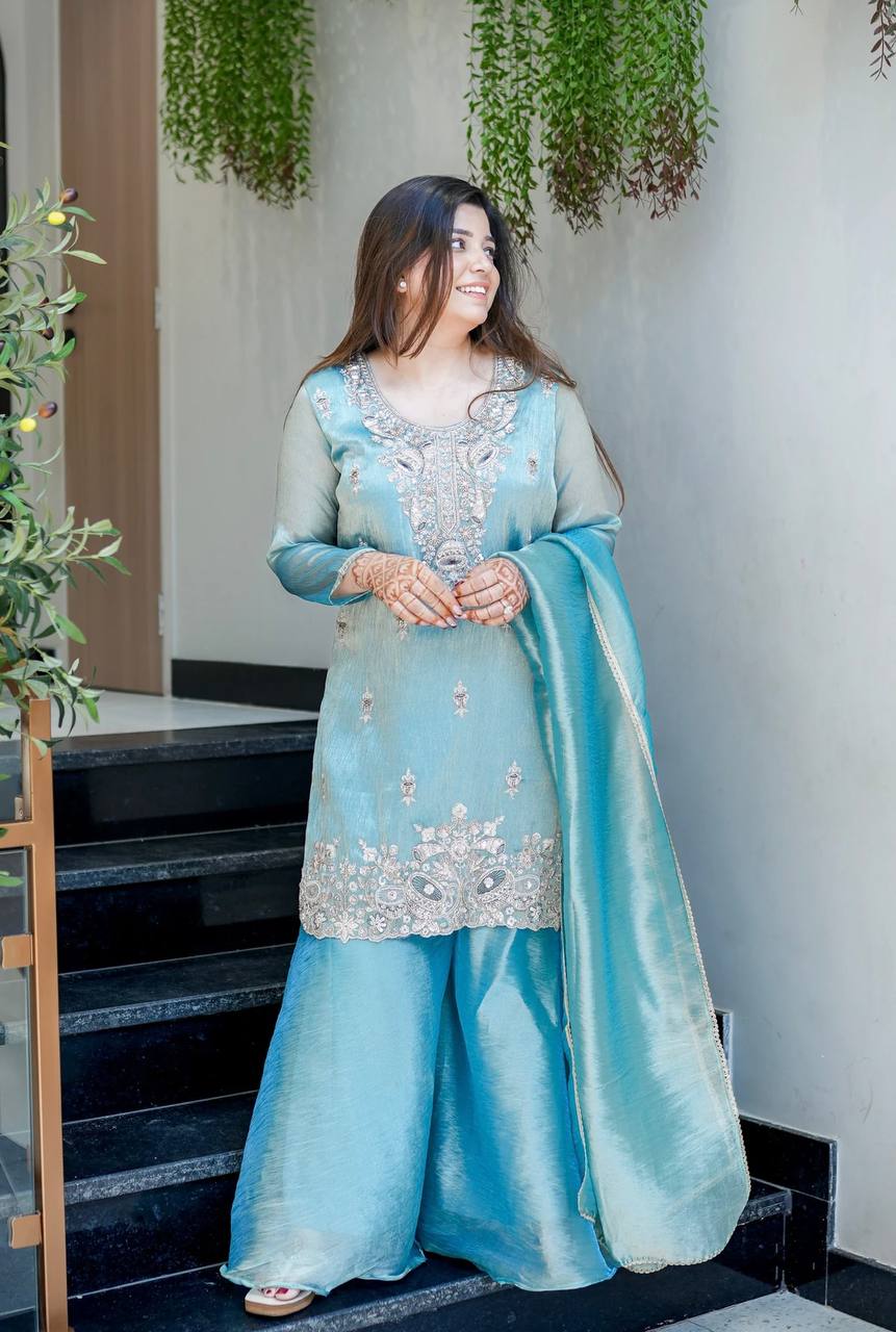 Aqua Blue Designer Pure Silky Silk Top Bottom and Dupatta For Party Wear