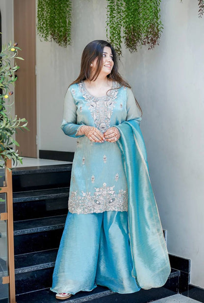 Aqua Blue Designer Pure Silky Silk Top Bottom and Dupatta For Party Wear