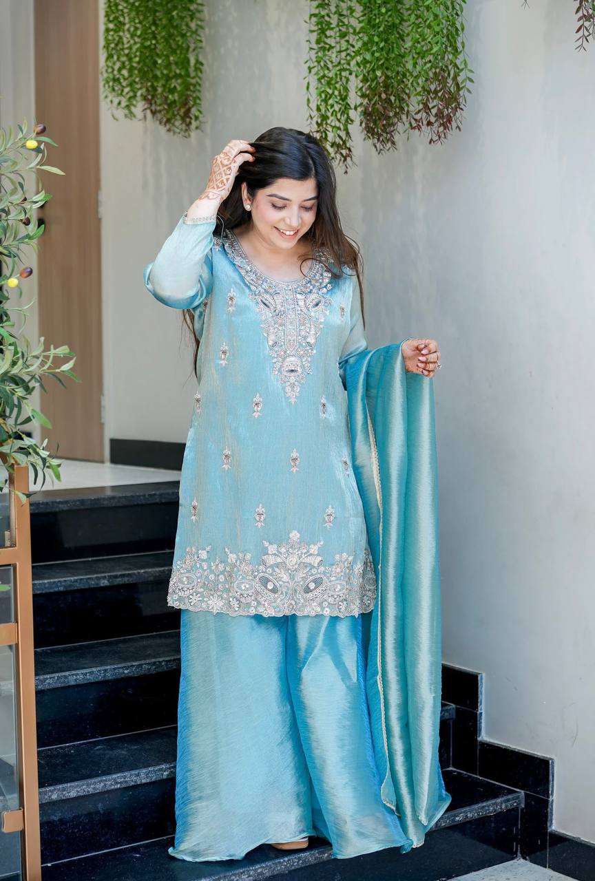 Aqua Blue Designer Pure Silky Silk Top Bottom and Dupatta For Party Wear