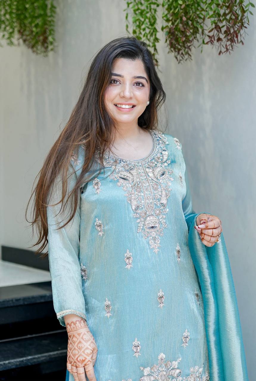Aqua Blue Designer Pure Silky Silk Top Bottom and Dupatta For Party Wear