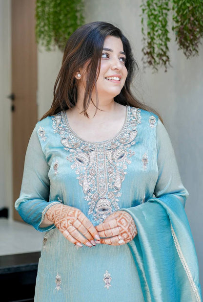 Aqua Blue Designer Pure Silky Silk Top Bottom and Dupatta For Party Wear