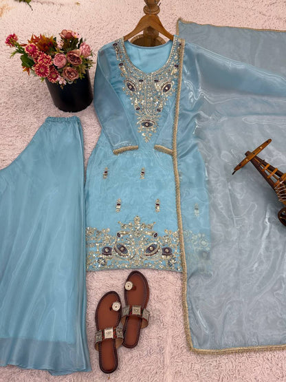 Aqua Blue Designer Pure Silky Silk Top Bottom and Dupatta For Party Wear