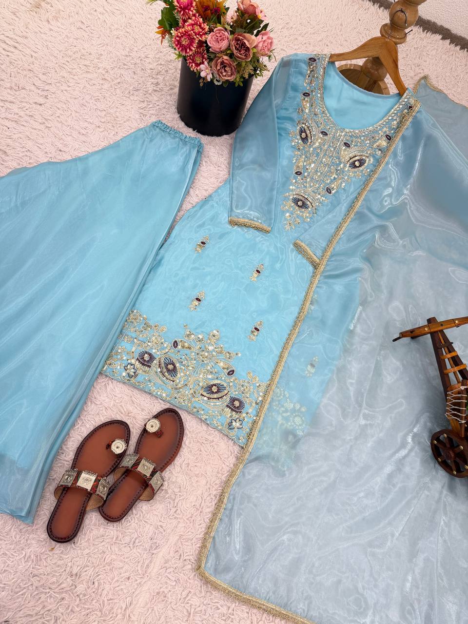 Aqua Blue Designer Pure Silky Silk Top Bottom and Dupatta For Party Wear