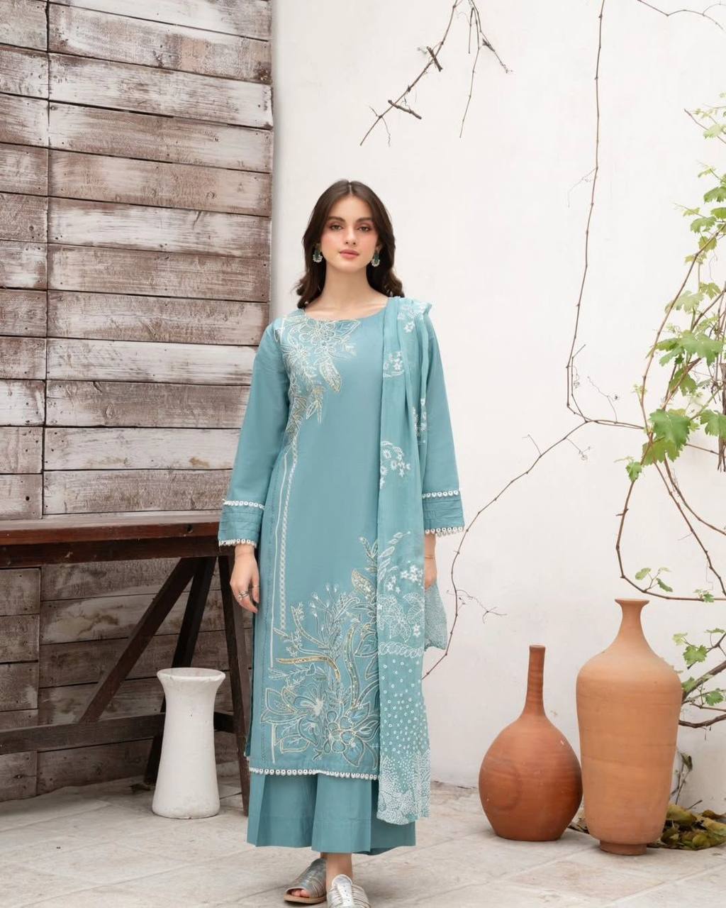 Aqua Roman Silk Designer Suit Set with Sequence Embroidered Dupatta