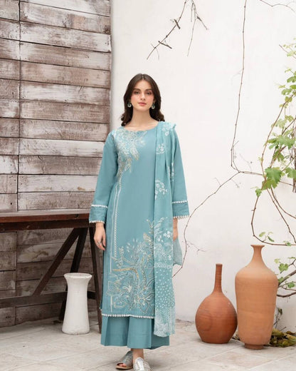 Aqua Roman Silk Designer Suit Set with Sequence Embroidered Dupatta