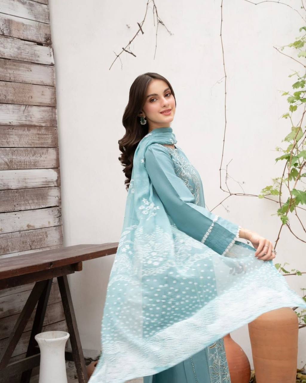 Aqua Roman Silk Designer Suit Set with Sequence Embroidered Dupatta
