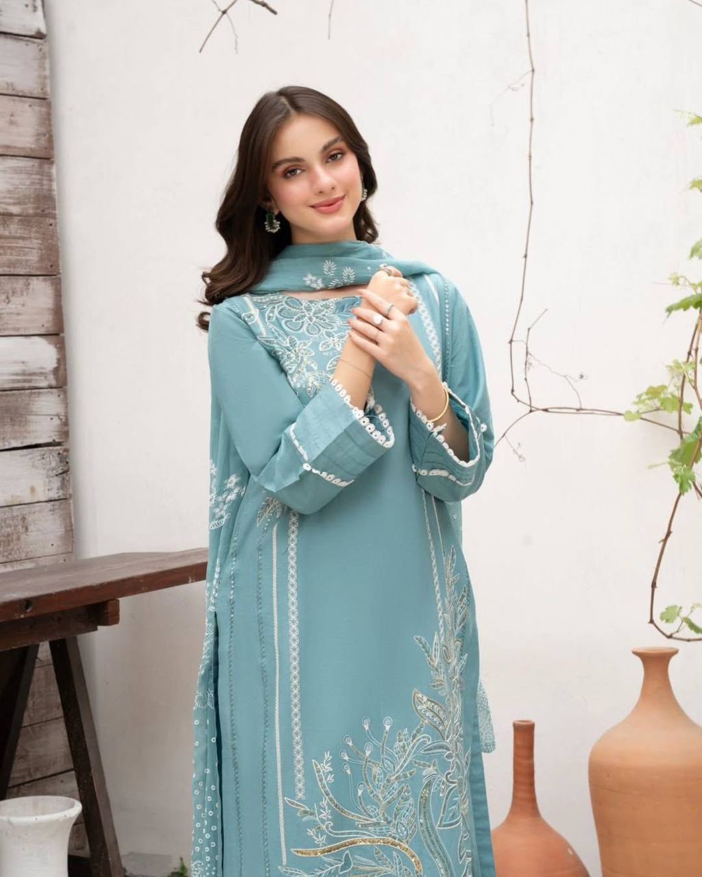 Aqua Roman Silk Designer Suit Set with Sequence Embroidered Dupatta