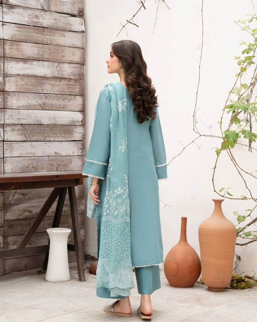Aqua Roman Silk Designer Suit Set with Sequence Embroidered Dupatta