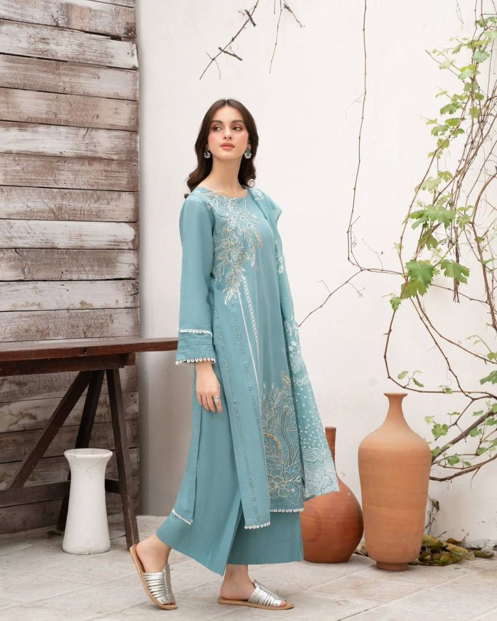 Aqua Roman Silk Designer Suit Set with Sequence Embroidered Dupatta