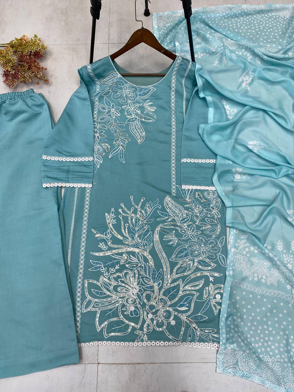 Aqua Roman Silk Designer Suit Set with Sequence Embroidered Dupatta