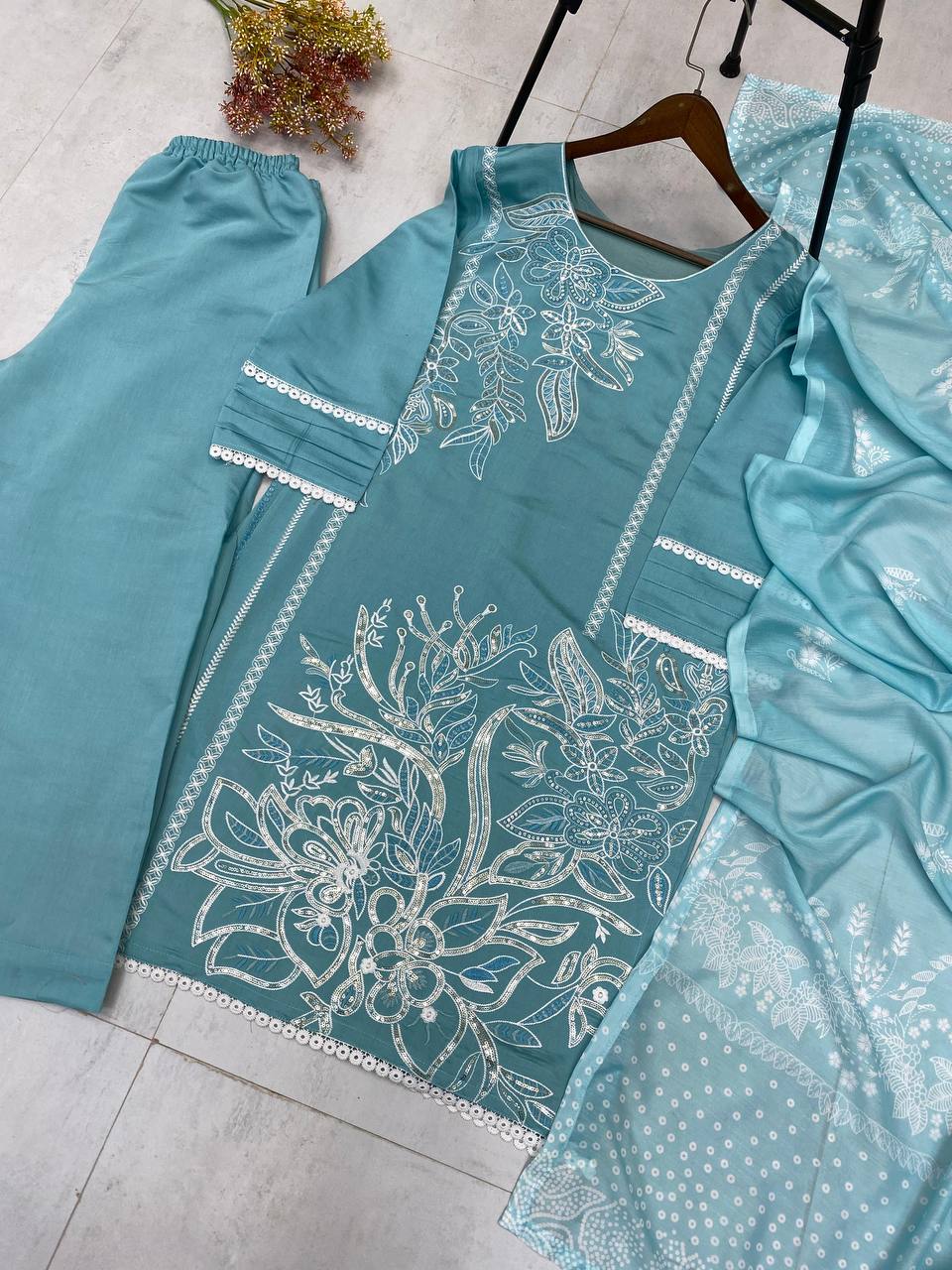 Aqua Roman Silk Designer Suit Set with Sequence Embroidered Dupatta