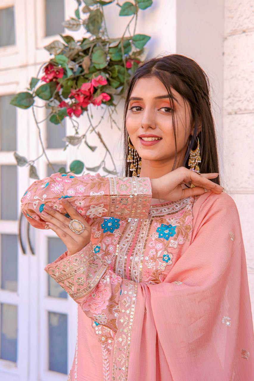 Baby Pink Chinon Silk Diamond Work Plazzo And Dupatta For Party Wear