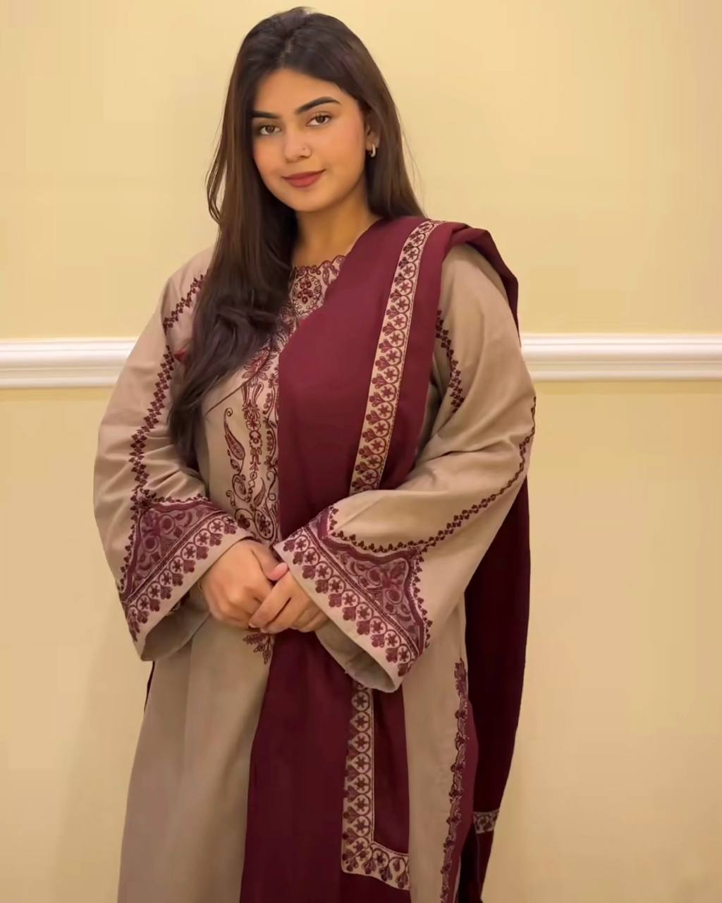 Beige Designer Faux Georgette Embroidery Top Farshi Pant and Dupatta