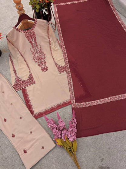Beige Designer Faux Georgette Embroidery Top Farshi Pant and Dupatta