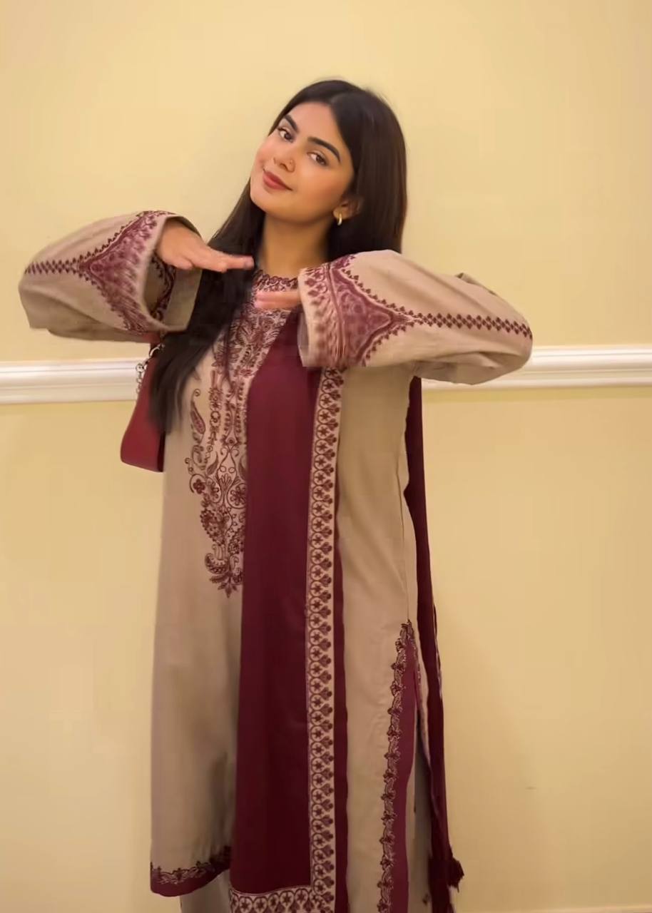 Beige Designer Faux Georgette Embroidery Top Farshi Pant and Dupatta