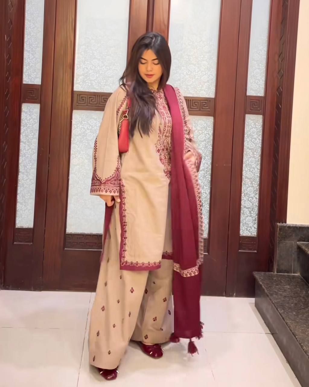 Beige Designer Faux Georgette Embroidery Top Farshi Pant and Dupatta