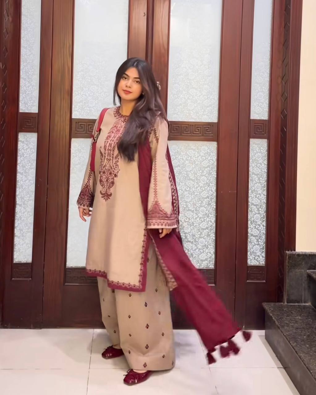 Beige Designer Faux Georgette Embroidery Top Farshi Pant and Dupatta