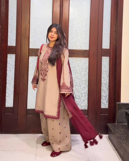 Beige Designer Faux Georgette Embroidery Top Farshi Pant and Dupatta
