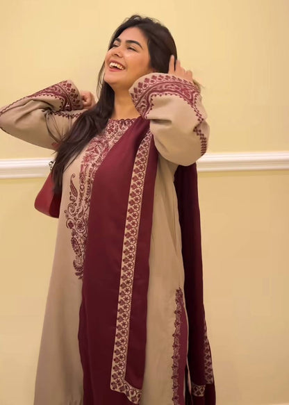 Beige Designer Faux Georgette Embroidery Top Farshi Pant and Dupatta