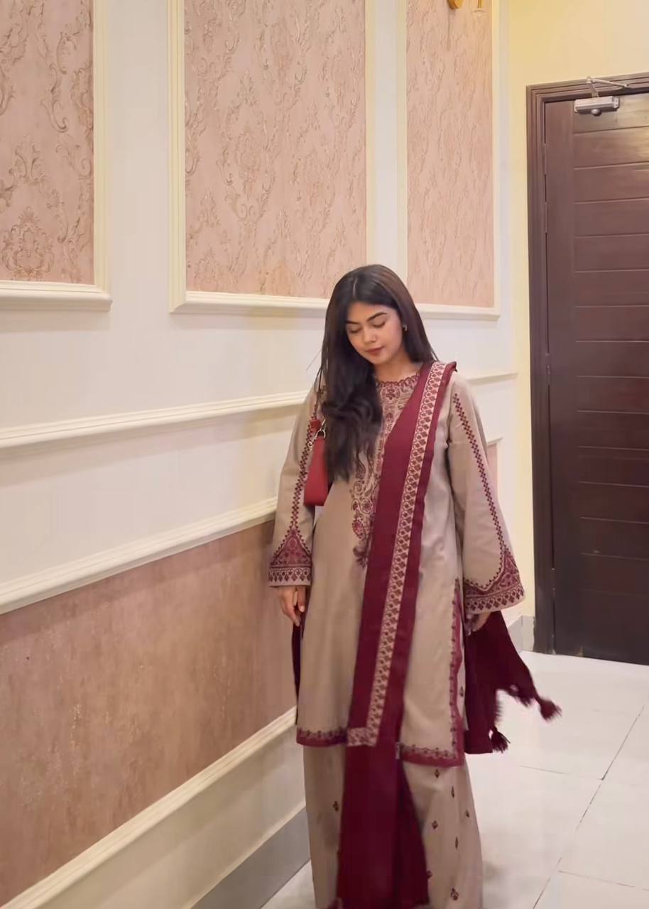 Beige Designer Faux Georgette Embroidery Top Farshi Pant and Dupatta