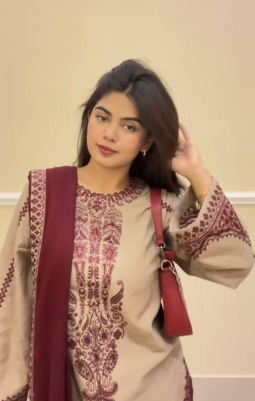 Beige Designer Faux Georgette Embroidery Top Farshi Pant and Dupatta