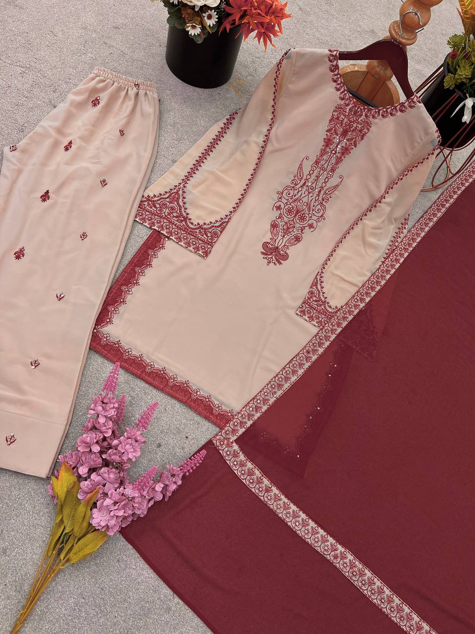 Beige Designer Faux Georgette Embroidery Top Farshi Pant and Dupatta