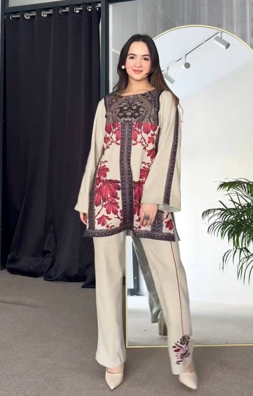 Beige Designer Natural Crepe Digital Print Plazzo and Top For Party Wear