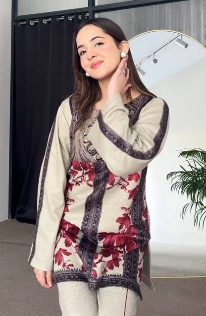 Beige Designer Natural Crepe Digital Print Plazzo and Top For Party Wear