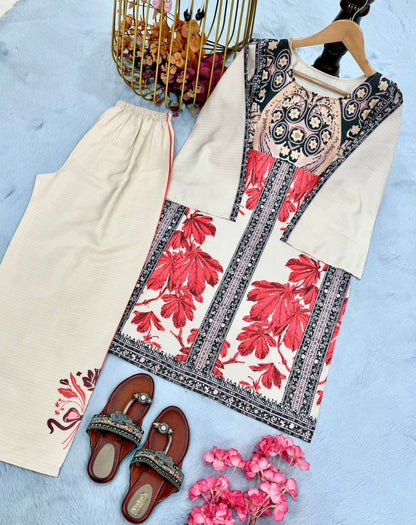 Beige Designer Natural Crepe Digital Print Plazzo and Top For Party Wear