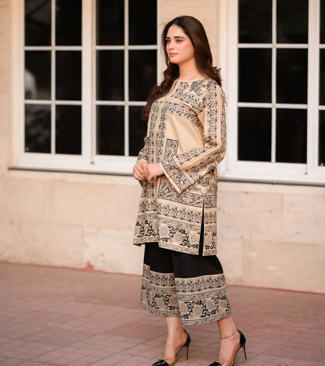 Beige Designer Natural Crepe Print Plazzo and Top For Party Wear