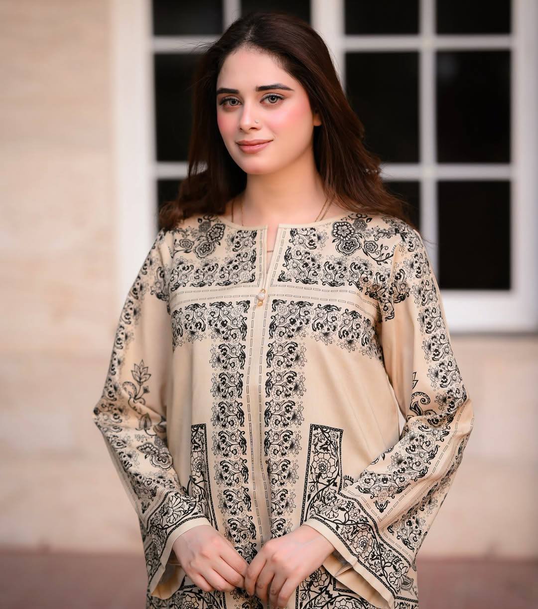Beige Designer Natural Crepe Print Plazzo and Top For Party Wear