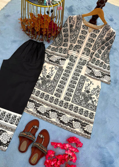 Beige Designer Natural Crepe Print Plazzo and Top For Party Wear