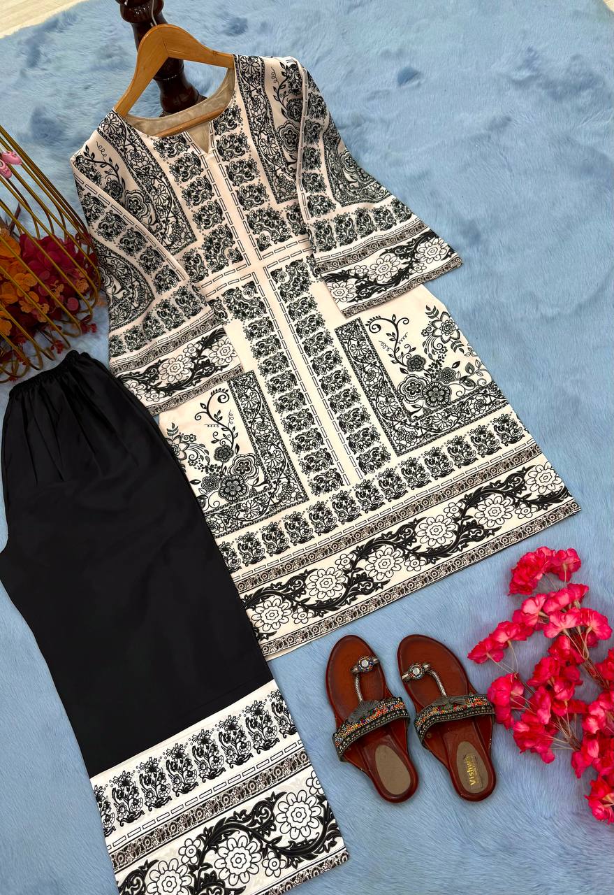 Beige Designer Natural Crepe Print Plazzo and Top For Party Wear