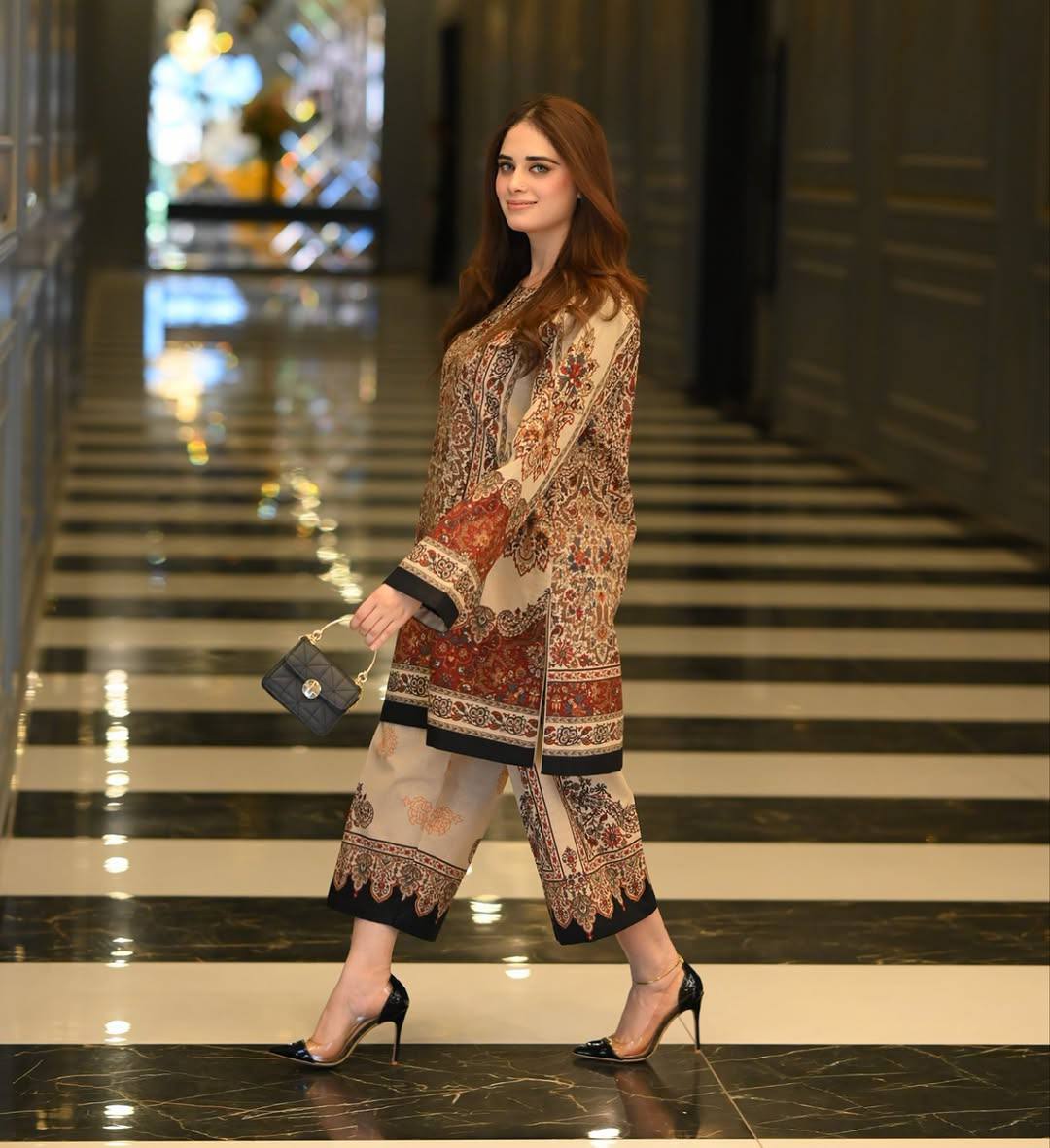 Beige Designer Natural Crepe Printed Plazzo and Top For Party Wear