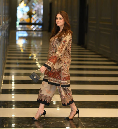 Beige Designer Natural Crepe Printed Plazzo and Top For Party Wear