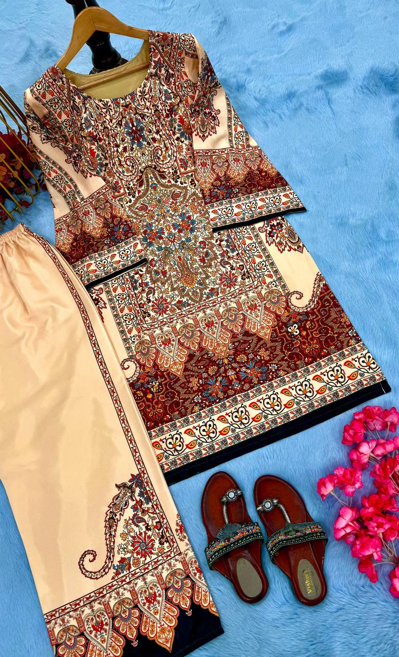 Beige Designer Natural Crepe Printed Plazzo and Top For Party Wear