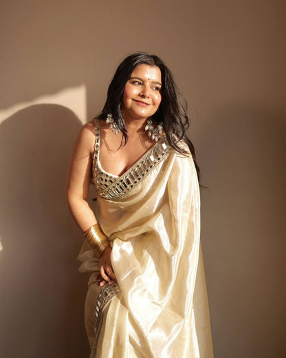 Beige Designer Pure Satin Silk Embroidery Saree and Mirror Work Blouse