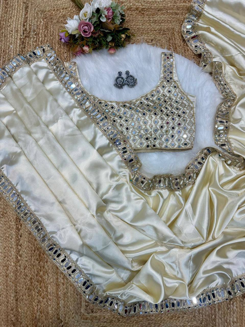 Beige Designer Pure Satin Silk Embroidery Saree and Mirror Work Blouse