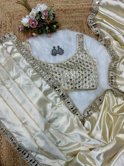 Beige Designer Pure Satin Silk Embroidery Saree and Mirror Work Blouse