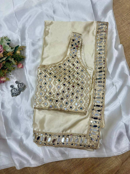 Beige Designer Pure Satin Silk Embroidery Saree and Mirror Work Blouse