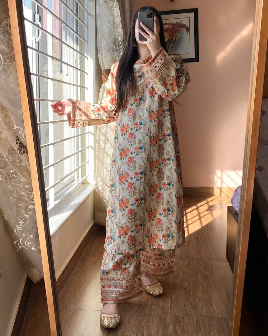 Beige Designer Roman Silk Embroidery Plazzo and Top For Party Wear