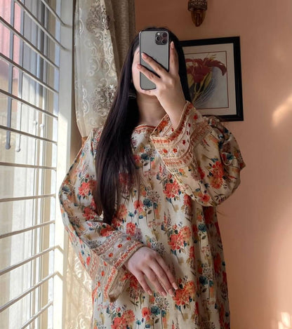 Beige Designer Roman Silk Embroidery Plazzo and Top For Party Wear