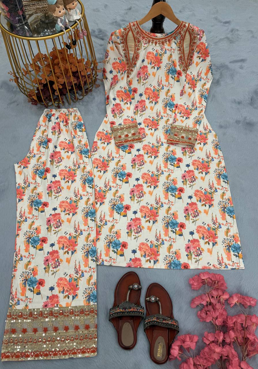 Beige Designer Roman Silk Embroidery Plazzo and Top For Party Wear